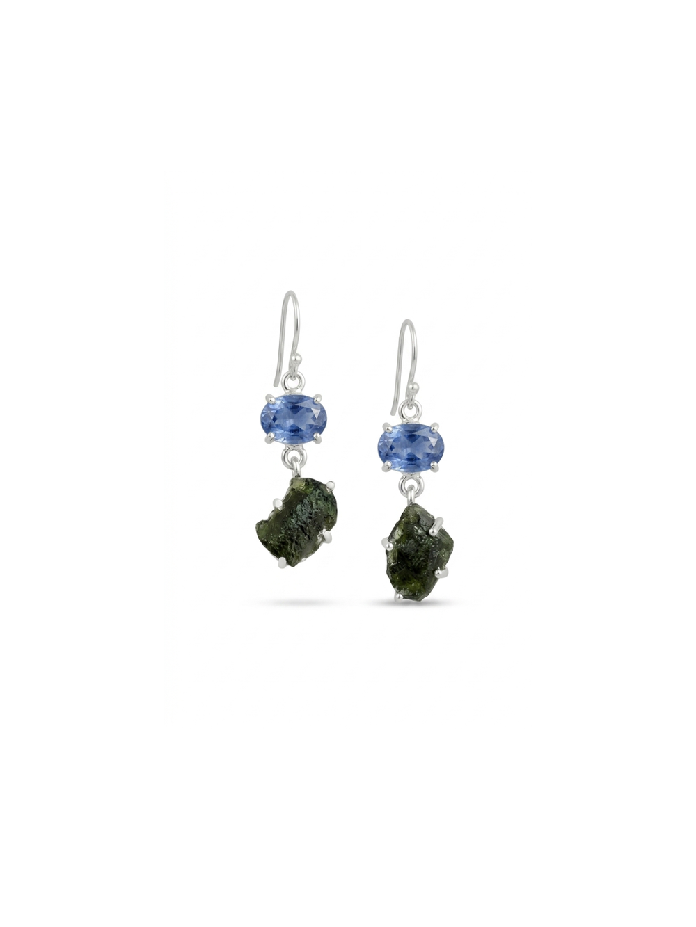 Natural Moldavite Rough Blue Kyanite oval Earrings Gemstone From Czech Republic 925 Solid Sterling Silver Handmade Designer Jewelry