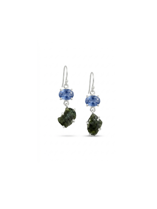 Natural Moldavite Rough Blue Kyanite oval Earrings Gemstone From Czech Republic 925 Solid Sterling Silver Handmade Designer Jewelry