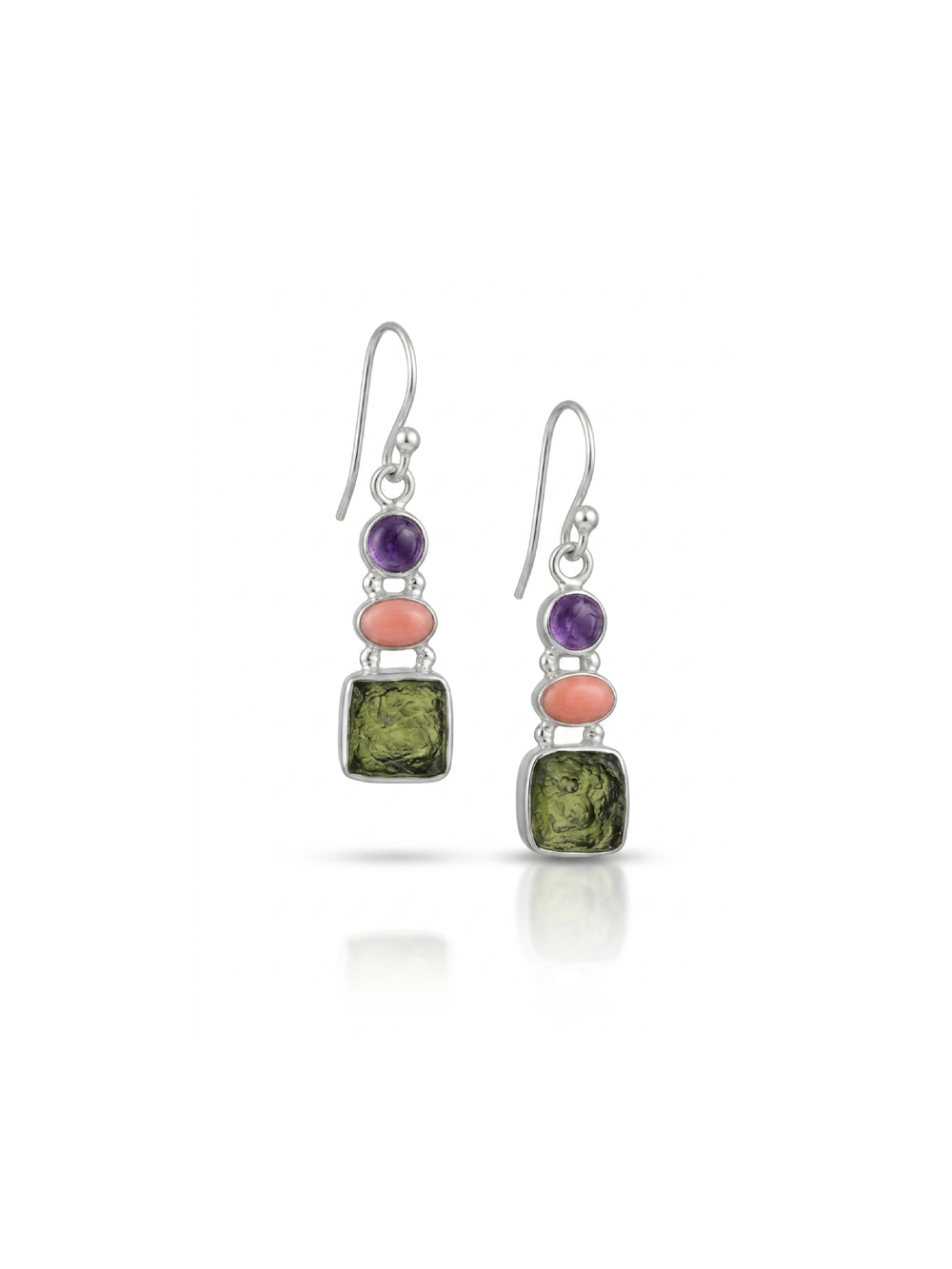 Czech Moldavite, Pink Opal & Amethyst Gemstone Earring, 925 Sterling Silver Handmade Earring, Drop Dangle Earring, Gifts For Her