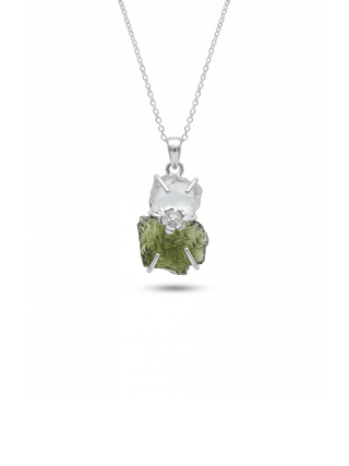Moldavite Aquamarine pendant, genuine gemstone pendant, sterling silver handmade pendant, 100% genuine with certified gemstone