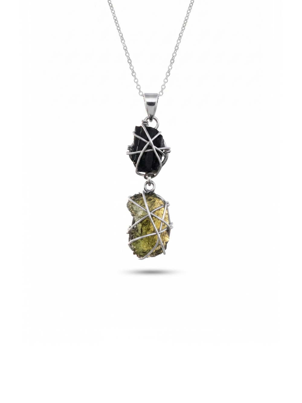 Moldavite Pendant, Black Tourmaline Pendant, Gemstone Pendant, Sterling Silver Pendant, Handmade Pendant, Natural Moldavite