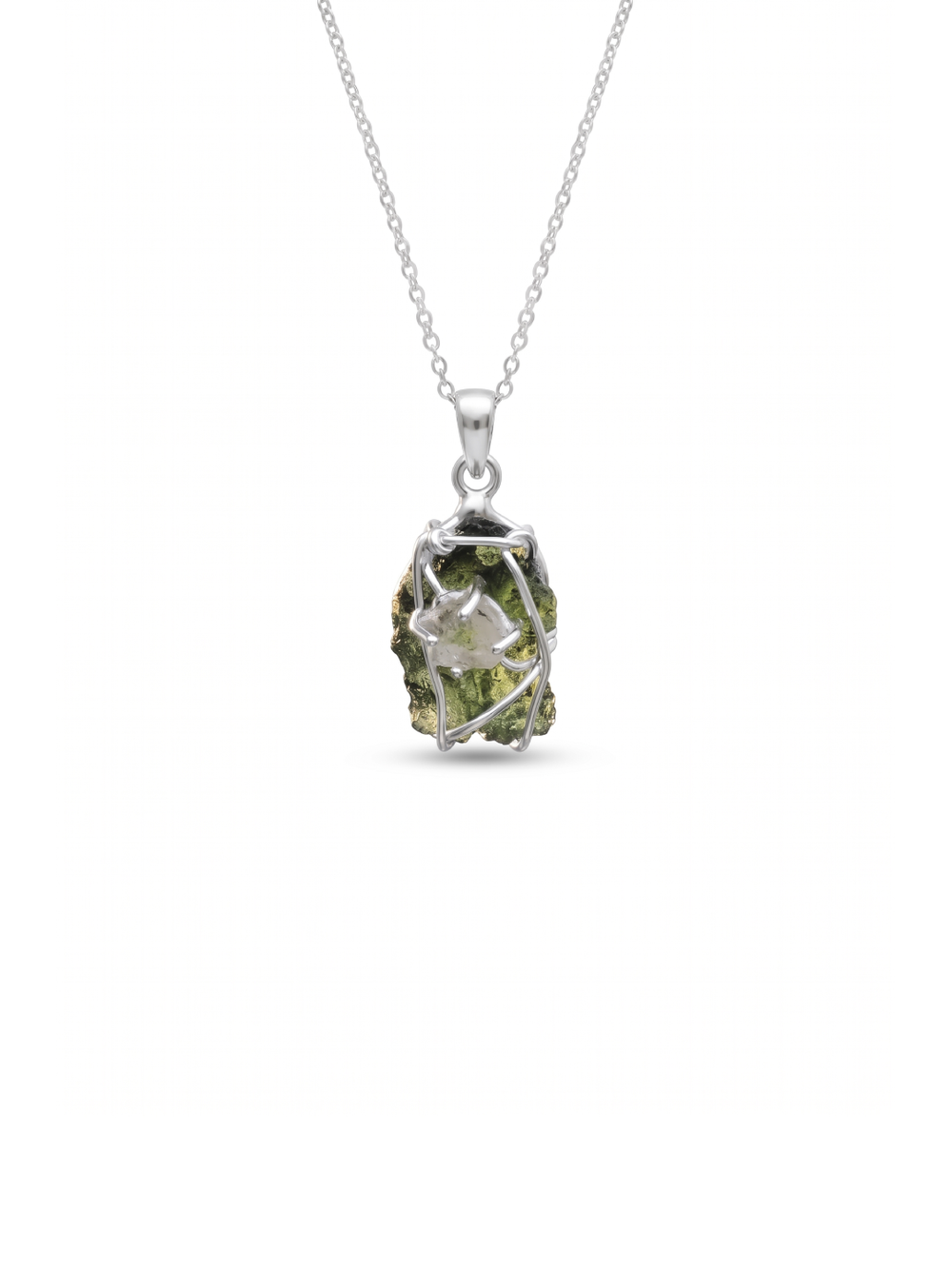 Genuine Moldavite Rough Herkimer Diamond Pendant Natural Gemstone From Czech Republic 925 Sterling Silver Handmade Designer Jewelry