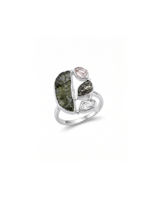 Natural Raw Moldavite, Herkimer Diamond and Meteorite Gemstone Ring 925 Solid Sterling Silver Handmade Jewelry Ring Gift For Mother