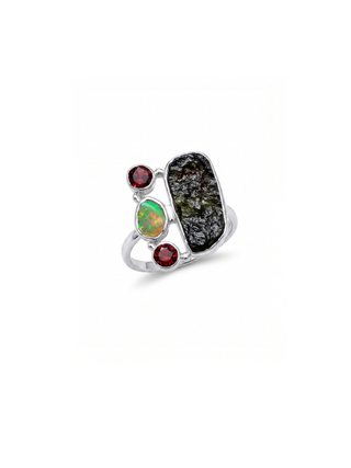 Natural Raw Moldavite, Ethiopian Opal Garnet Gemstone Ring 925 Solid Sterling Silver Handmade Jewelry Ring Gift For Mother