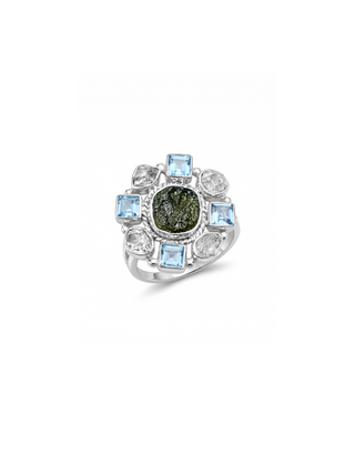 Czech Republic Moldavite Ring , Herkimer Diamond Ring, Natural Gemstone 925 Solid Sterling Silver Handmade Jewelry Ring, Blue Topaz Ring