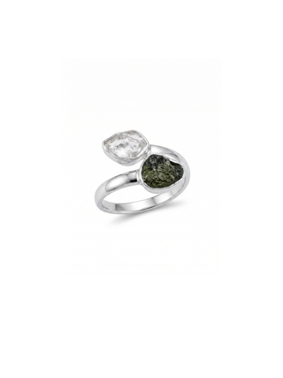 Czech Republic Moldavite Ring , Herkimer Diamond Ring, Natural Gemstone 925 Solid Sterling Silver Handmade Jewelry Ring, Gift For Her