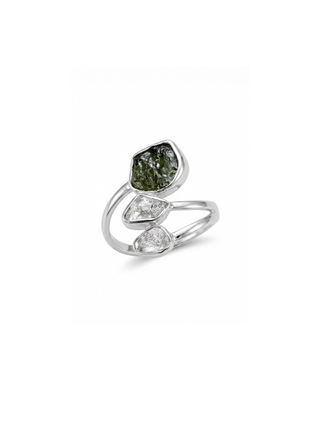 Czech Republic Moldavite Ring , Herkimer Diamond Ring, Natural Gemstone 925 Solid Sterling Silver Handmade Jewelry Ring, Gift For Her