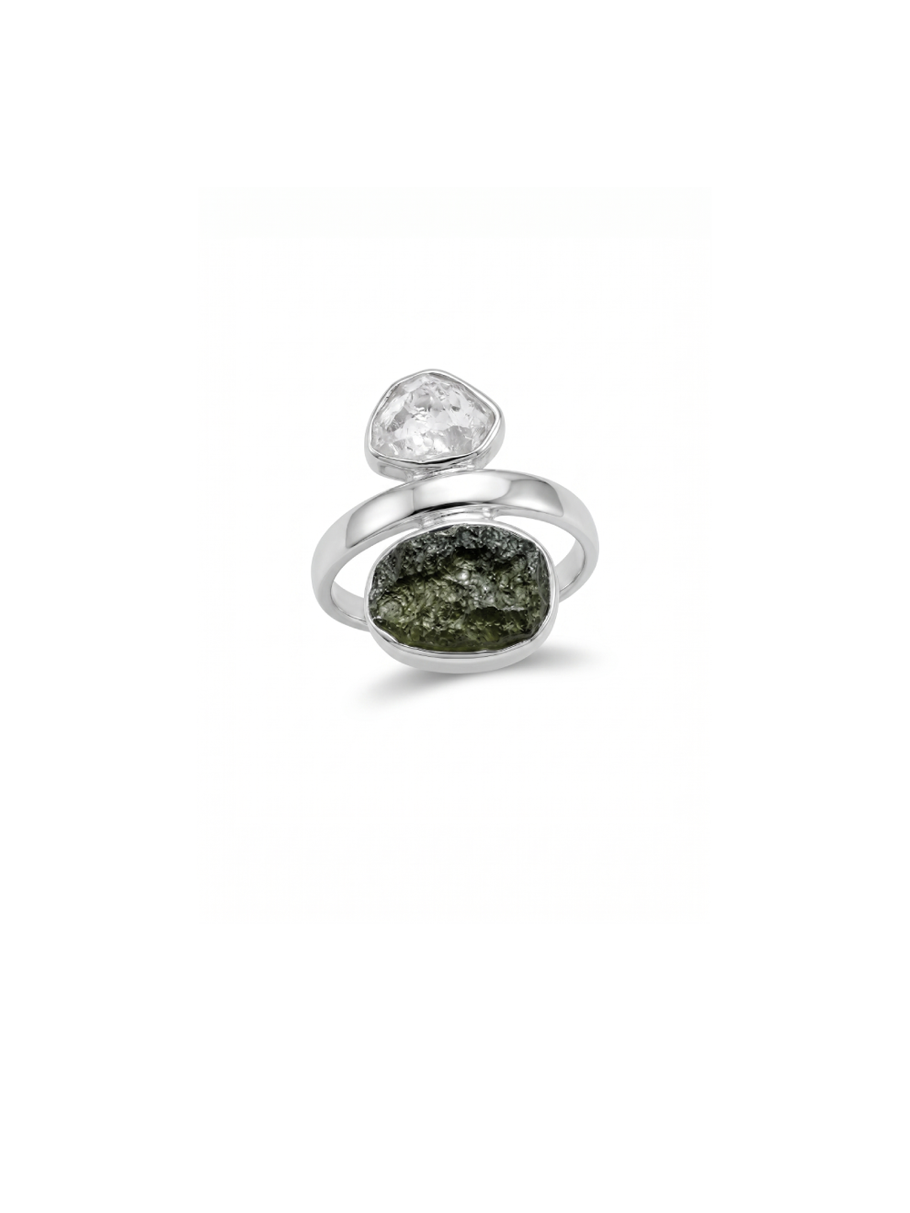 Czech Republic Moldavite Ring , Herkimer Diamond Ring, Natural Gemstone 925 Solid Sterling Silver Handmade Jewelry Ring, Gift For Her