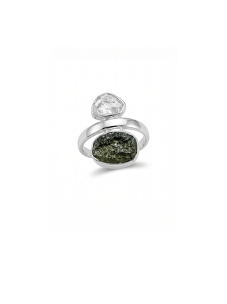 Czech Republic Moldavite Ring , Herkimer Diamond Ring, Natural Gemstone 925 Solid Sterling Silver Handmade Jewelry Ring, Gift For Her
