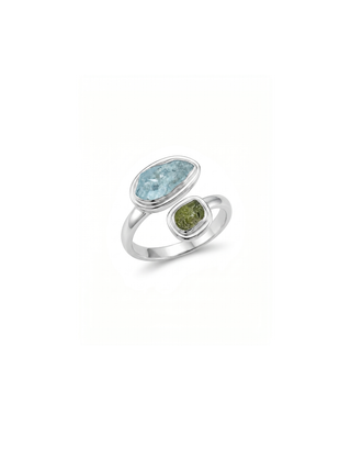 Authentic Czech Republic Moldavite Rough and Aquamarine Gemstone 925 Solid Sterling Silver Handmade Ring Jewelry