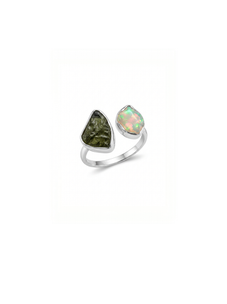 Czech Moldavite , Ethiopian opal Raw Natural Gemstone With Natural Garnet 925 Solid Sterling Silver Handmade Adjustable Ring
