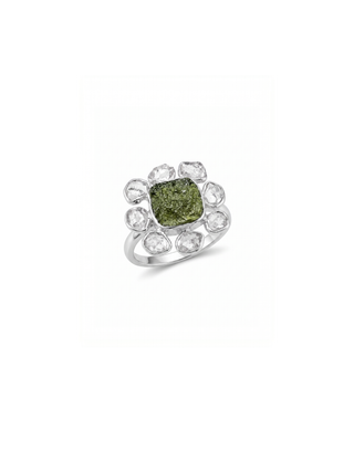 Czech Republic Moldavite Ring , Herkimer Diamond Ring, Natural Gemstone 925 Solid Sterling Silver Handmade Jewelry Ring, Gift For Her