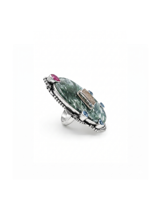 Natural Seraphinite, Ruby, Rose Quartz And Blue Topaz Ring By Harshita Jewellery