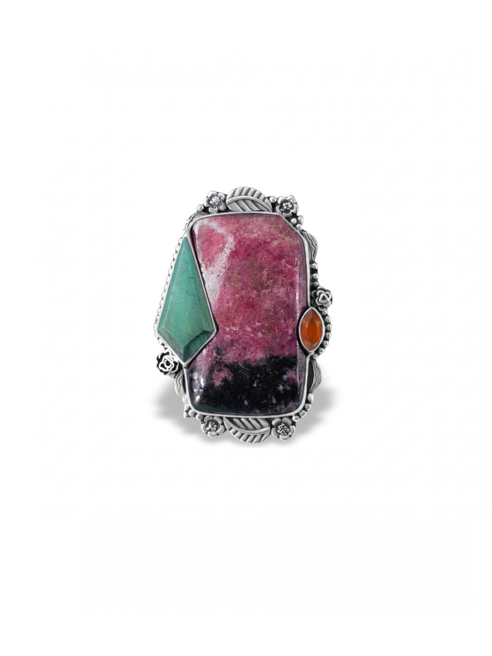 Natural Rhodonite, Chrysoprase, Carnelian Gemstone Ring By Harshita Jewellery