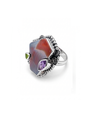 Natural Botswana agate Ring, Amethyst & Peridot Gemstone Ring By Harshita Jewellery