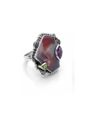 Natural Botswana agate Ring, Amethyst & Peridot Gemstone Ring By Harshita Jewellery