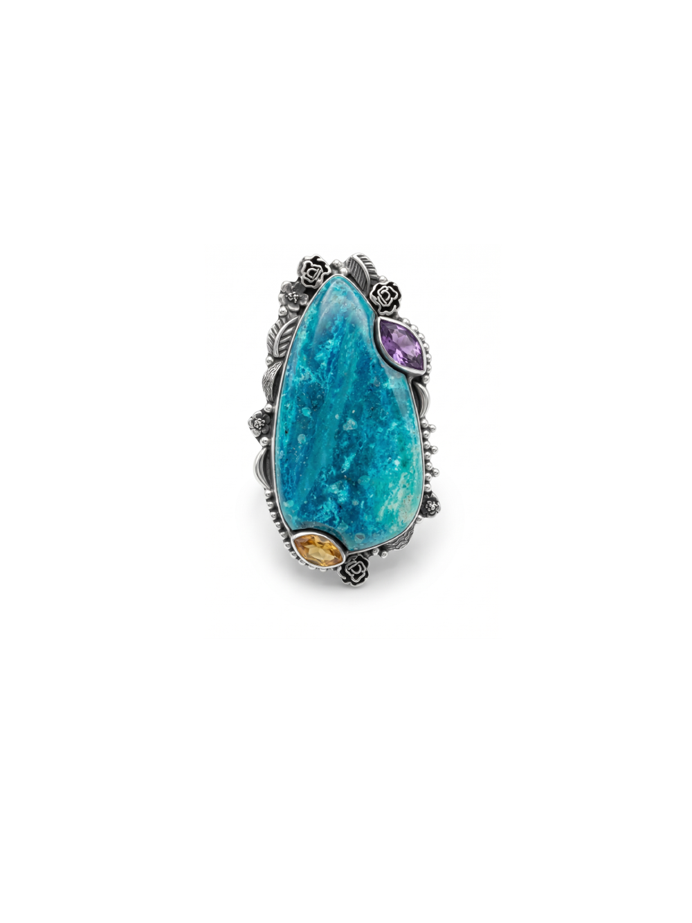 Natural Chrysocolla, Amethyst & Peridot Ring By Harshita Jewellery