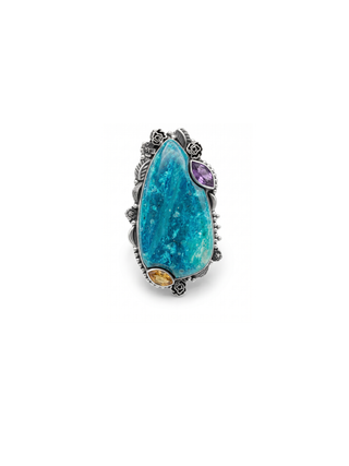 Natural Chrysocolla, Amethyst & Peridot Ring By Harshita Jewellery