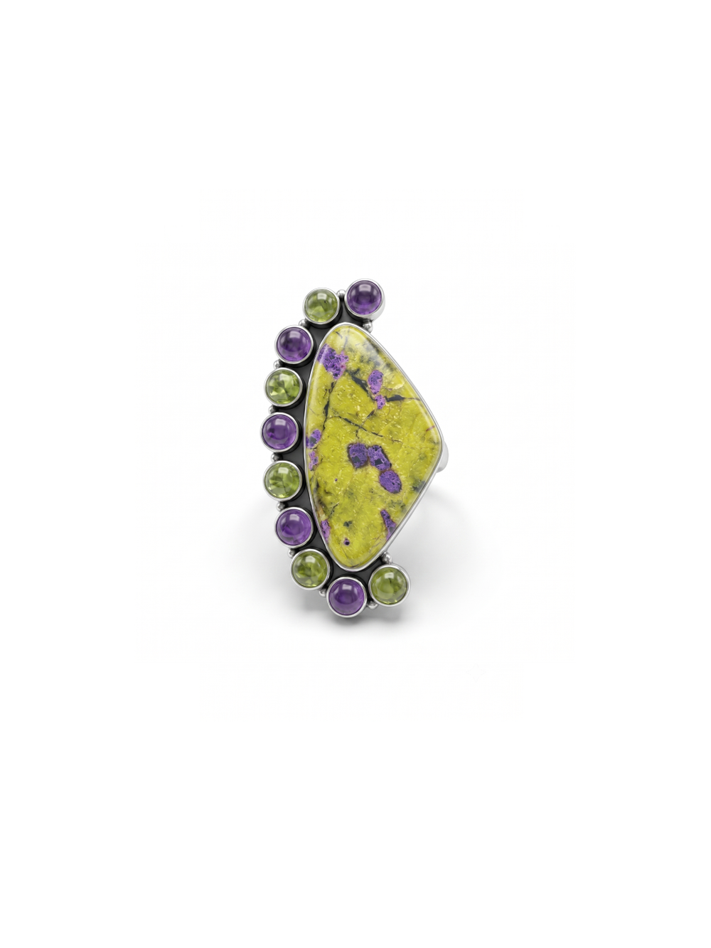 Atlantisite Stichtite Ring, Natural Stichtite, Amethyst & Prehnite Gemstone Ring By Harshita Jewellery