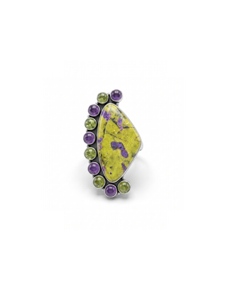 Atlantisite Stichtite Ring, Natural Stichtite, Amethyst & Prehnite Gemstone Ring By Harshita Jewellery