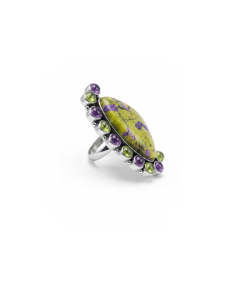 Atlantisite Stichtite Ring, Natural Stichtite, Amethyst & Prehnite Gemstone Ring By Harshita Jewellery