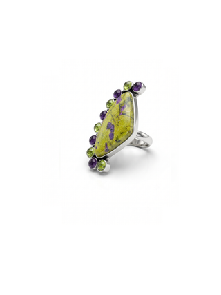 Atlantisite Stichtite Ring, Natural Stichtite, Amethyst & Prehnite Gemstone Ring By Harshita Jewellery