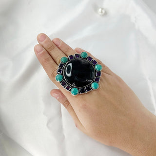 Natural Black Onyx, Turquoise & Blue Sapphire Gemstone Ring By Harshita Jewellery