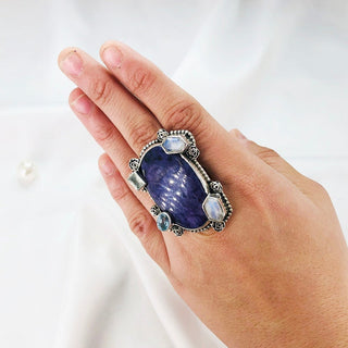 Natural Charoite, Blue Topaz & Rainbow Moonstone Ring By Harshita Jewellery