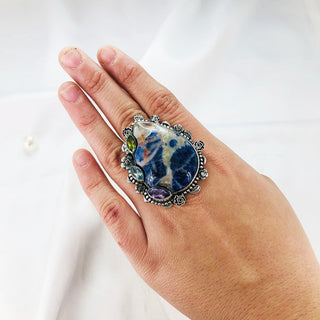 Natural Sodalite, Blue Topaz, Peridot And Faceted Amethyst Ring By Harshita Jewellery