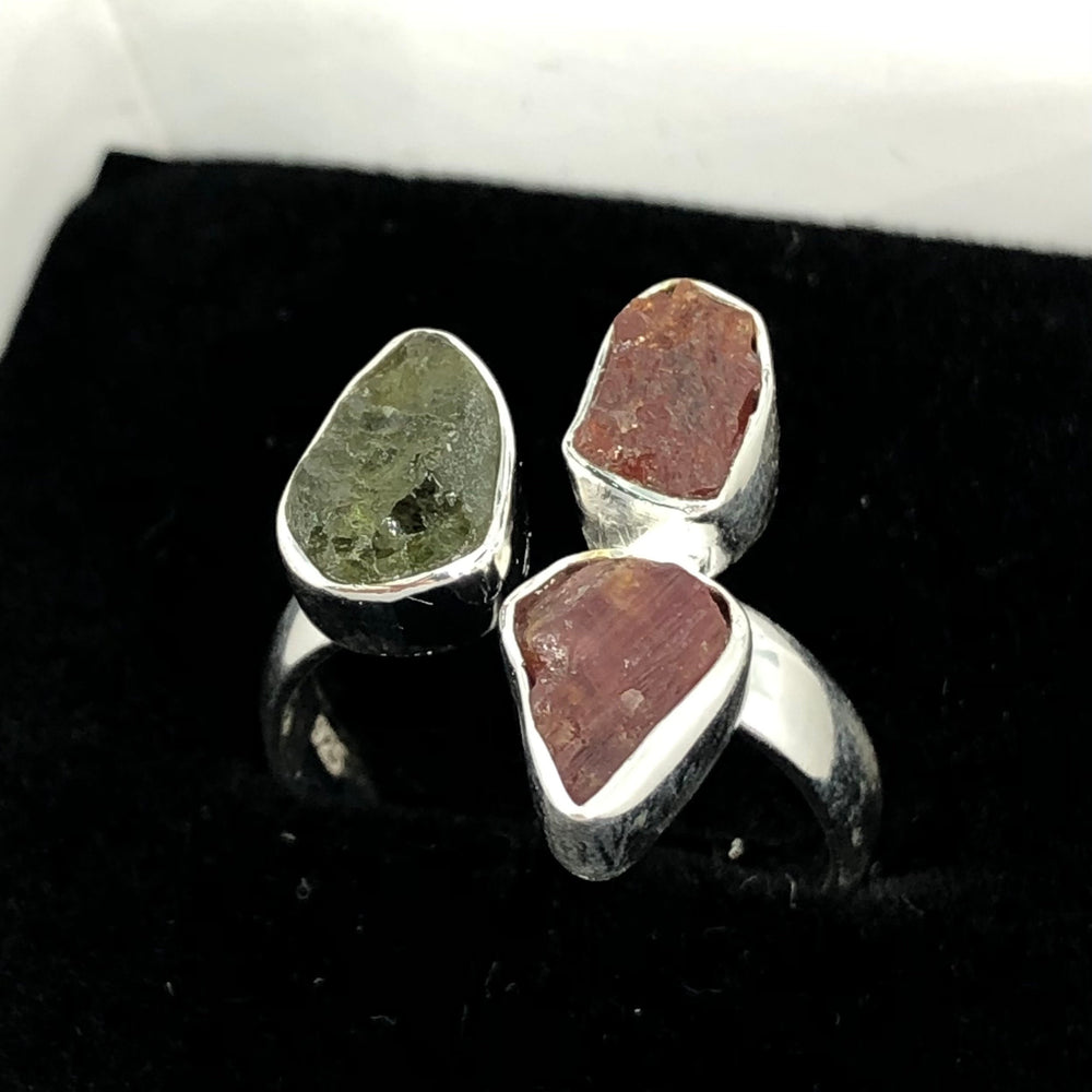 Authentic Czech Republic Moldavite Rough and Pink Tourmaline Gemstone 925 Solid Sterling Silver Handmade Ring Jewelry