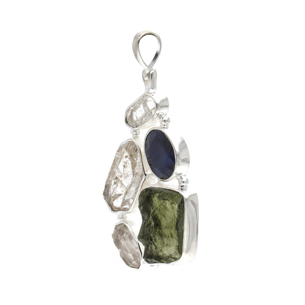 Moldavite, herkimer and Blue Sapphire pendant, genuine gemstone pendant, sterling silver handmade pendant, 100% genuine gemstone